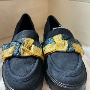 kate spade Navy Suede Loafers with Gold & Teal Bow